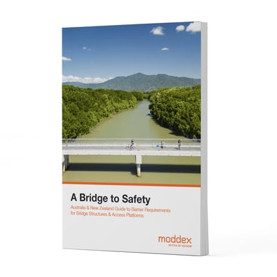 Bridge safety whitepaper cover by Moddex, showing a pedestrian bridge with compliant barrier systems over a river in Australia and New Zealand.