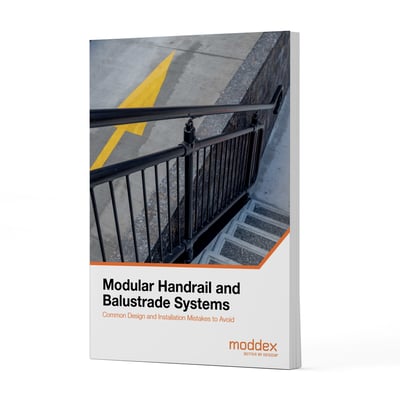Modular handrail and balustrade systems whitepaper cover, featuring a Moddex steel balustrade and handrail installed on commercial stairs.