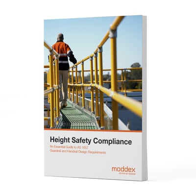 Height safety compliance whitepaper cover by Moddex, showing a worker using compliant guardrails and handrails on an elevated industrial walkway.