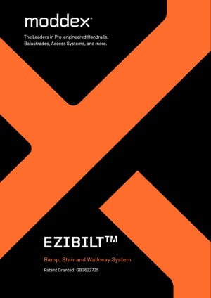 Cover of the Moddex Ezibilt™ brochure showcasing a pre-engineered modular ramp, stair and walkway system for compliant access solutions. Black and orange Moddex branding with EZIBILT™ title, designed for temporary or permanent access across construction, education and infrastructure projects.